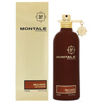 A product image featuring a 100ml bottle of Montale Wild Aoud Eau de Parfum, with a gold and brown packaging. The bottle is clear with a golden spray nozzle and the perfume is visible.
