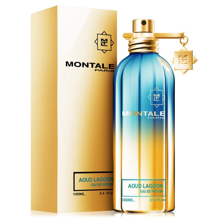 Aoud Lagoon 100 ml Eau de Parfum by Montale – turquoise bottle and box pairing symbolising luxury, vibrance, and island serenity.