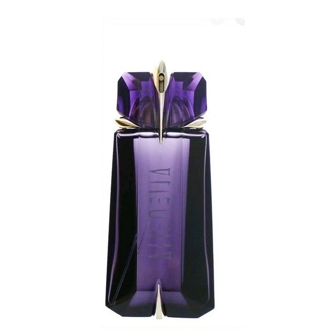 A purple bottle of Mugler's Alien Eau de Parfum with a talisman design.