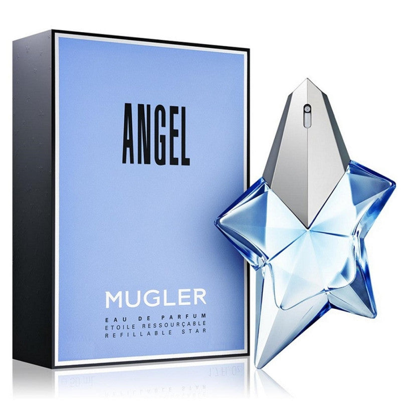 Angel Eau de Parfum by Mugler, with a 100ml refillable bottle and packaging.