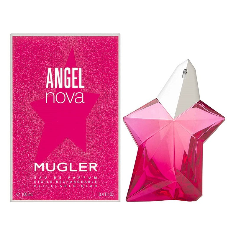 The product image shows the Angel Nova Eau de Parfum by Mugler in a pink star-shaped bottle with a white spray nozzle. The packaging is also pink with the product name and brand prominently displayed.