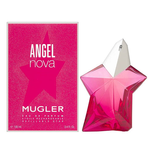 The product image shows the Angel Nova Eau de Parfum by Mugler in a pink star-shaped bottle with a white spray nozzle. The packaging is also pink with the product name and brand prominently displayed.
