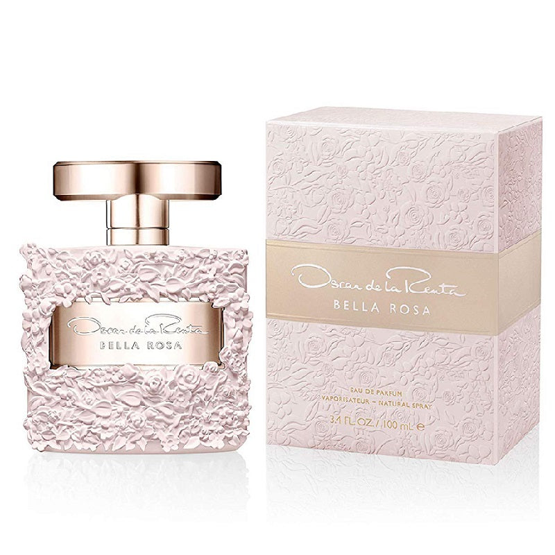 Oscar Bella Rosa 100ml Eau de Parfum by Oscar De La Renta, with a pink bottle and gold details, alongside its packaging.