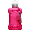 A pink bottle of Oriana 75ml Eau de parfum by Parfums De Marly with a decorative pattern, a silver cap, and a pink tassel.