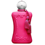 A pink bottle of Oriana 75ml Eau de parfum by Parfums De Marly with a decorative pattern, a silver cap, and a pink tassel.