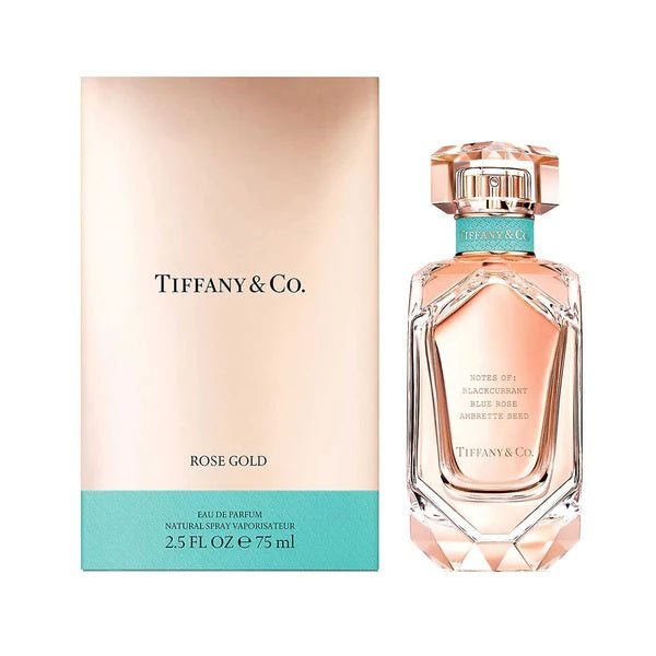 Tiffany & Co. Rose Gold Eau de Parfum bottle and packaging, 75ml size, with pink and gold color scheme.
