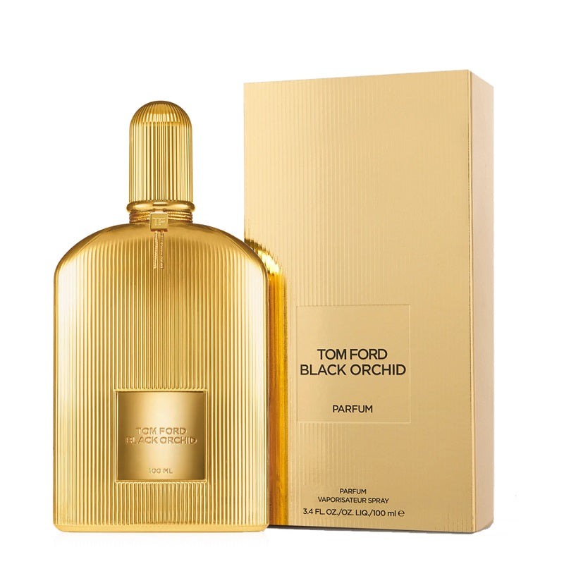 A gold-colored, textured bottle of Tom Ford Black Orchid Parfum Concentrate with a clear, gold-colored liquid inside. The product is displayed next to its packaging box, both featuring a minimalist design.