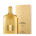 A gold-colored, textured bottle of Tom Ford Black Orchid Parfum Concentrate with a clear, gold-colored liquid inside. The product is displayed next to its packaging box, both featuring a minimalist design.