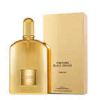 A gold-colored, textured bottle of Tom Ford Black Orchid Parfum Concentrate with a clear, gold-colored liquid inside. The product is displayed next to its packaging box, both featuring a minimalist design.