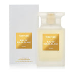 A Tom Ford Eau de Toilette spray bottle labeled 'SOLEIL BLANC' with a capacity of 100ml, alongside its packaging box.