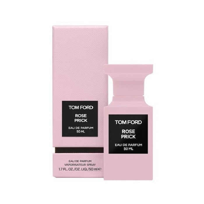 A pink bottle of Tom Ford Rose Prick Eau de Parfum with its matching pink box, both featuring a clear label.