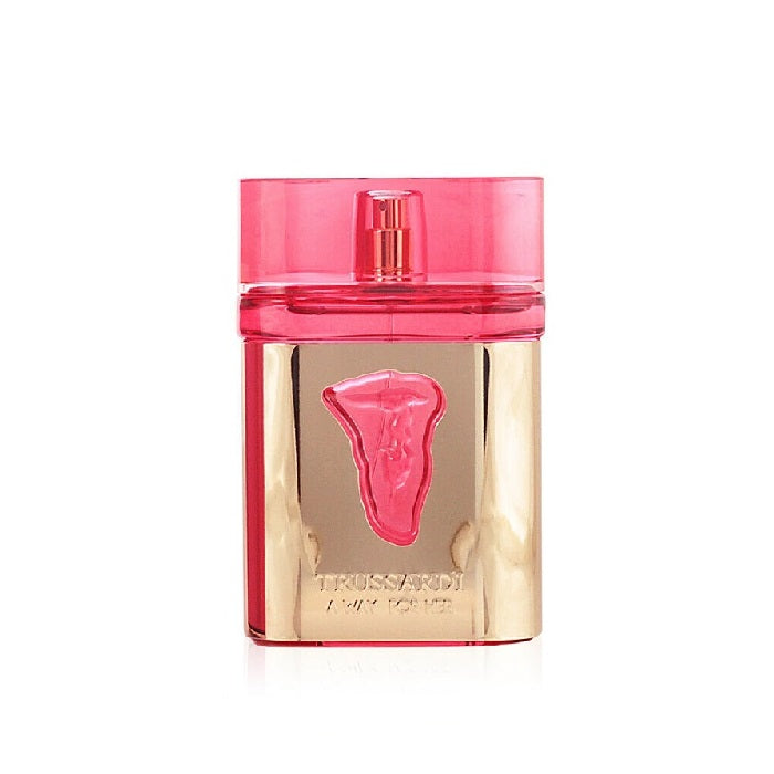 A Way for Her Eau de Toilette by Trussardi, with a pink and gold bottle design, showing the fragrance spray nozzle and the brand and product name.