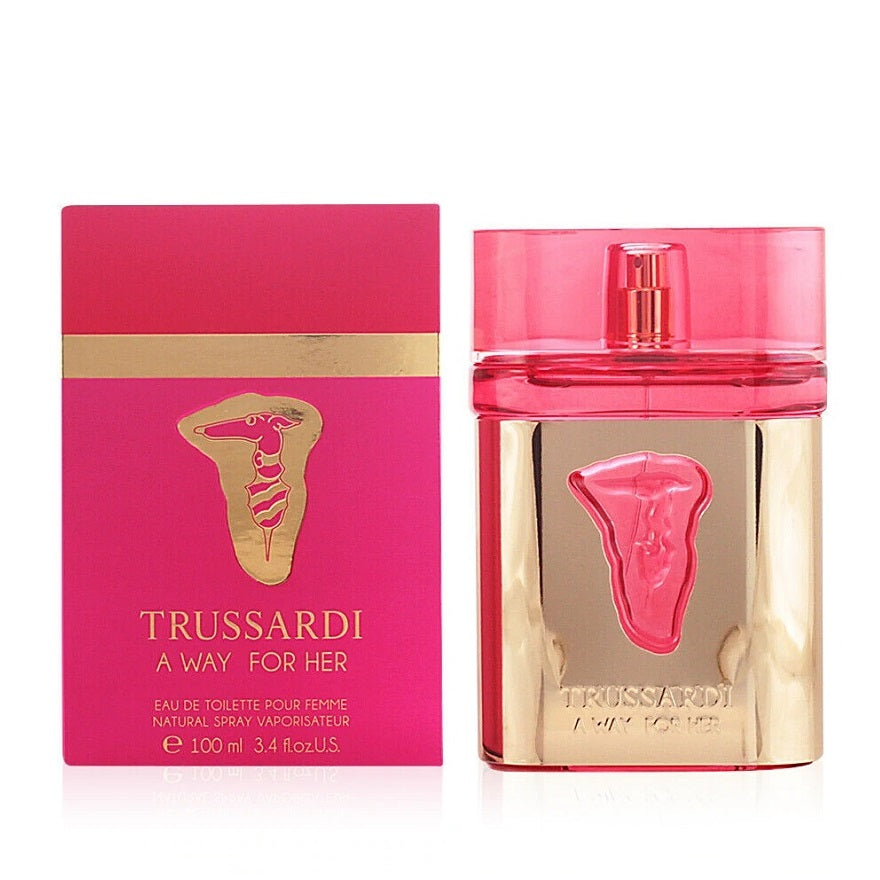 Trussardi 'A Way for Her' Eau de Toilette perfume bottle and packaging, 100ml size, with pink and gold colors and branding details.