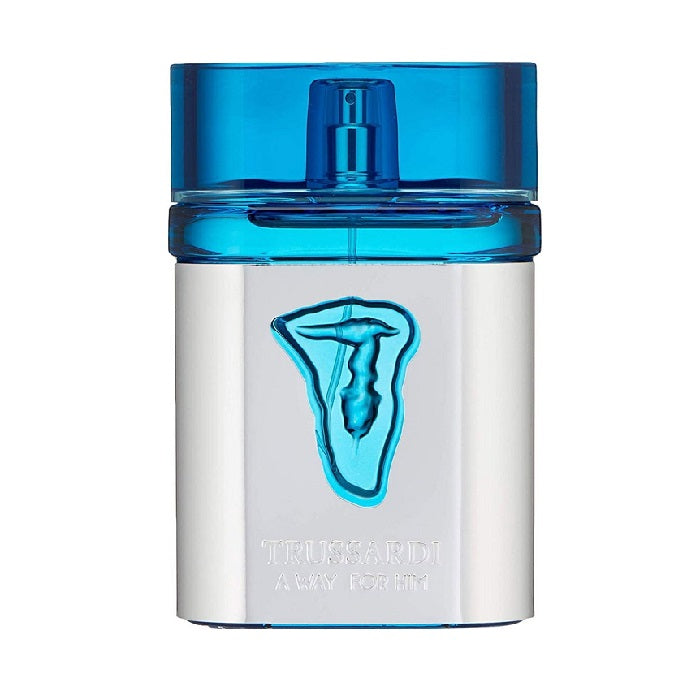 A Way for Him perfume bottle by Trussardi with a blue cap and a white body featuring a blue graphic of a face.