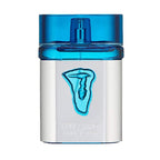 A Way for Him perfume bottle by Trussardi with a blue cap and a white body featuring a blue graphic of a face.