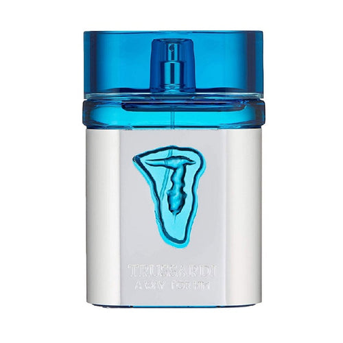 A Way for Him perfume bottle by Trussardi with a blue cap and a white body featuring a blue graphic of a face.