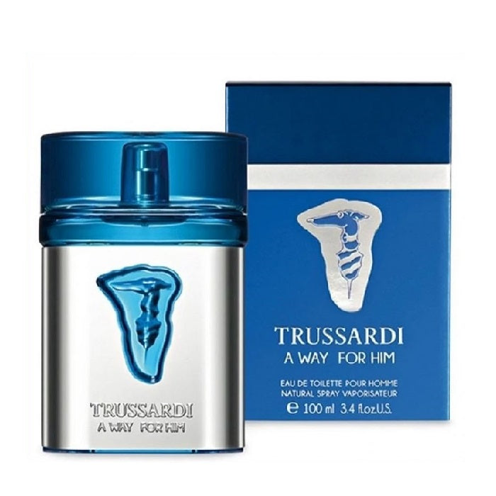 Trussardi 'A Way for Him' EDT, 100ml, with packaging and blue cap, fragrance bottle and box design.