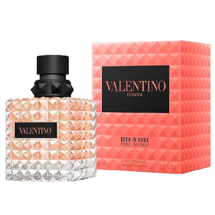 Valentino Donna Born In Roma Coral Fantasy Eau de Parfum bottle and packaging, with the brand name and product title displayed.