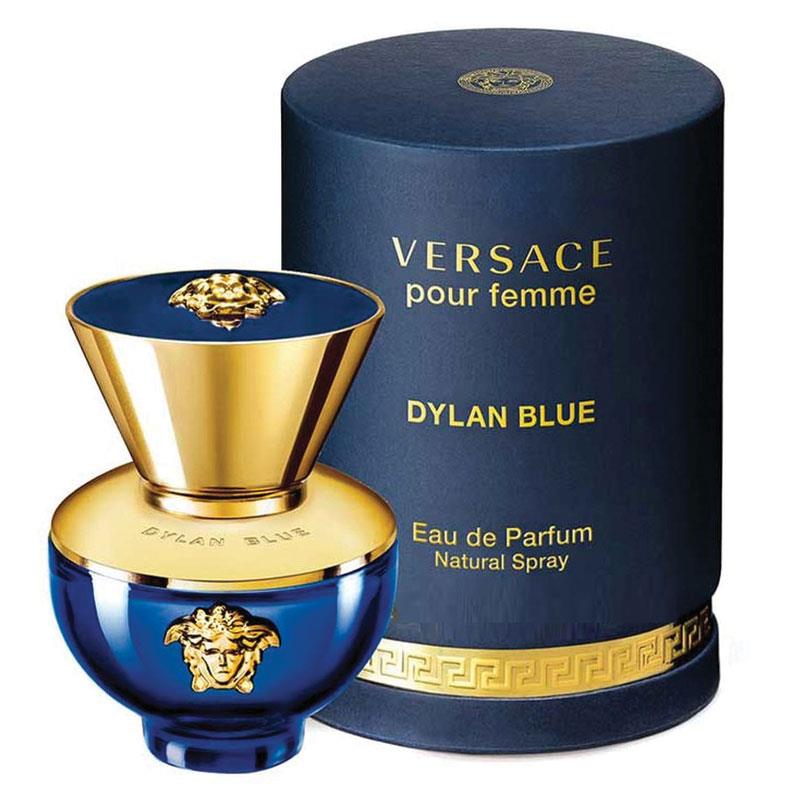 A product image featuring Dylan Blue Pour Femme Eau de Parfum by Versace in a blue and gold bottle with a matching blue and gold box.