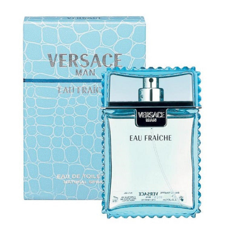A product image featuring Versace Man Eau Fraiche Eau de Toilette spray bottle and packaging box, with a blue design.