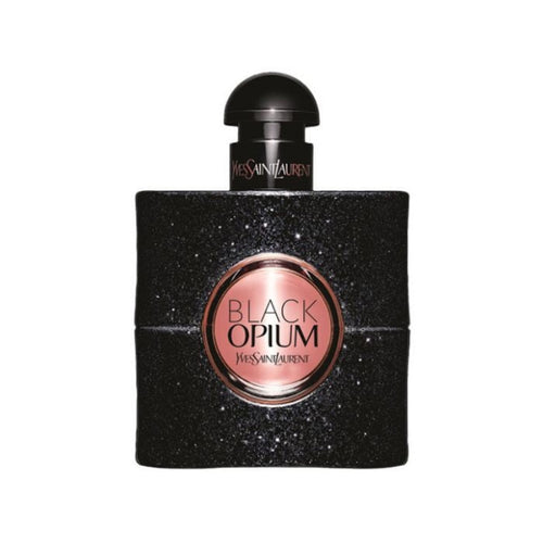 A black bottle of Black Opium Eau de Parfum by Yves Saint Laurent with a sparkling label and a gold cap.
