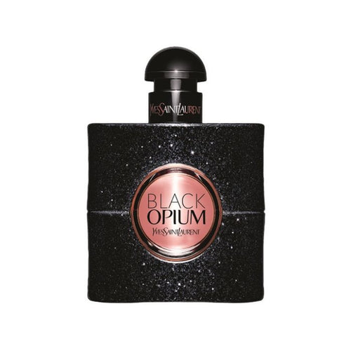A bottle of Black Opium Eau de Parfum by Yves Saint Laurent with a black sparkling design and a gold label.