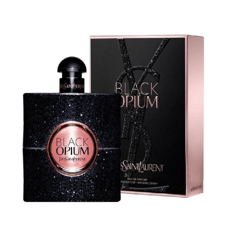 Black Opium Eau de Parfum by Yves Saint Laurent, with a 90ml bottle displayed in front of its packaging box.