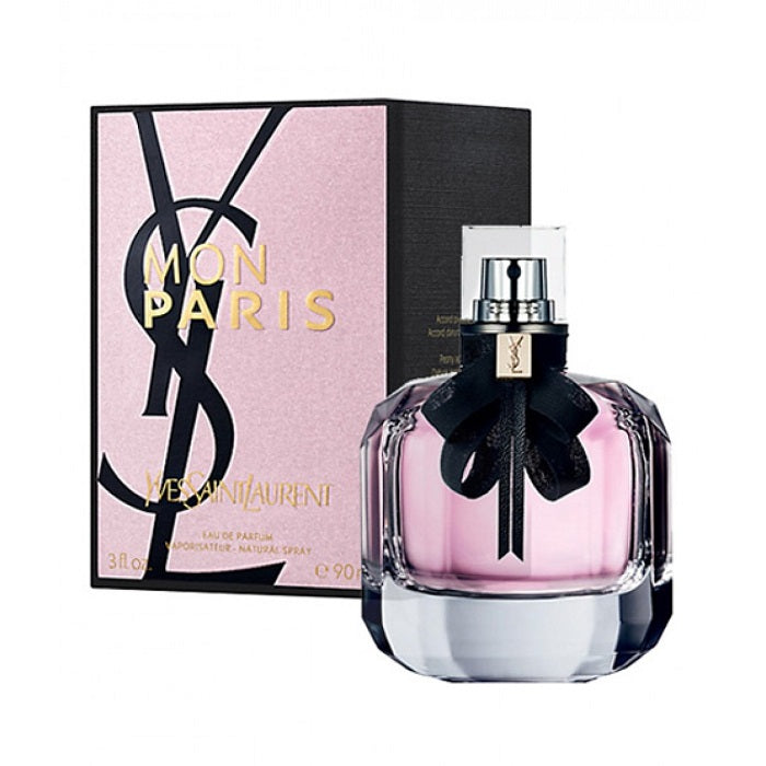 Bottle of Mon Paris Eau de Parfum by Yves Saint Laurent with packaging box, displaying the fragrance name and brand logo.