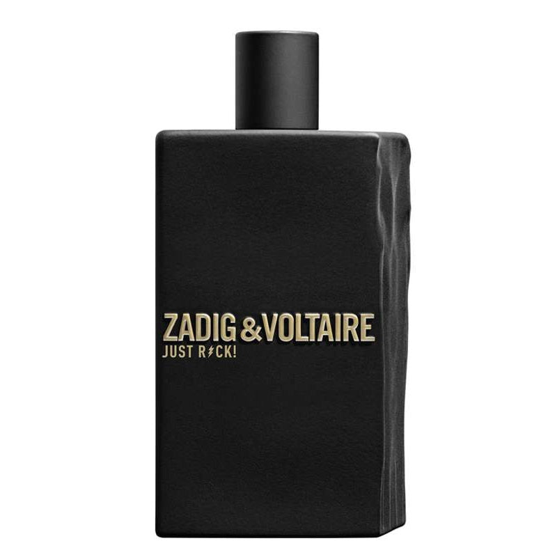 A black bottle of Just Rock! for Him Eau de Toilette by Zadig & Voltaire with gold lettering on the front.