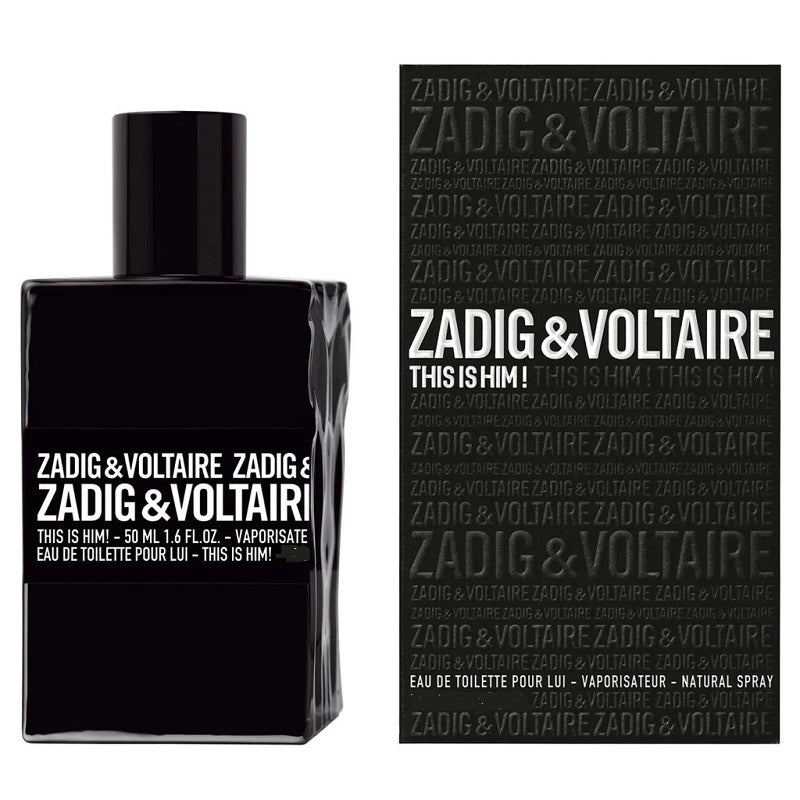 This is Him! 100 ml Eau de Toilette by Zadig & Voltaire – black box and bottle pairing reflecting minimalist style and Parisian cool.