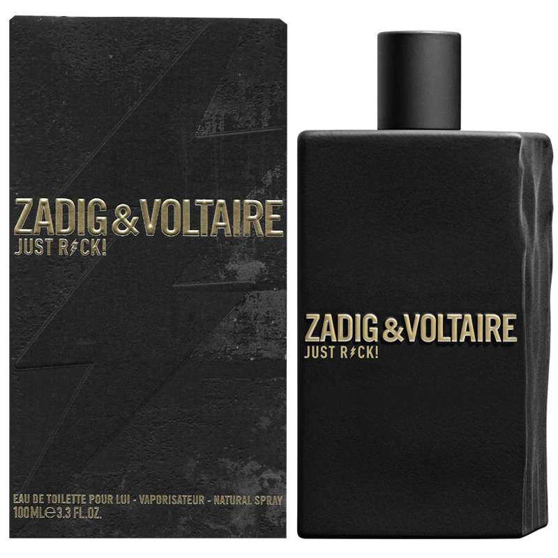A black bottle of 'Just Rock! for Him' Eau de Toilette by Zadig & Voltaire with a gold cap and label, alongside its packaging box with the product name displayed.