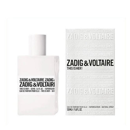 This is Her! 50 ml Eau de Parfum by Zadig & Voltaire – elegant white box and bottle set capturing effortless Parisian cool and style.