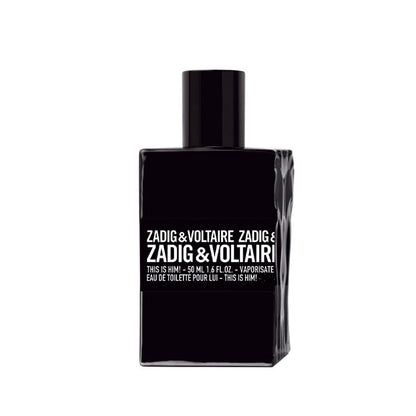 This is Him! 30 ml Eau de Toilette bottle by Zadig & Voltaire – matte black flacon with angular lines expressing modern rock spirit.