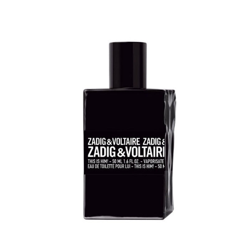 This is Him! 50 ml Eau de Toilette bottle by Zadig & Voltaire – matte black design with sleek edges symbolising masculine strength and style.
