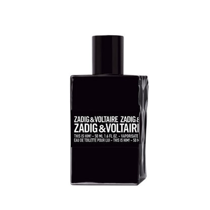 This is Him! 50 ml Eau de Toilette bottle by Zadig & Voltaire – matte black design with sleek edges symbolising masculine strength and style.