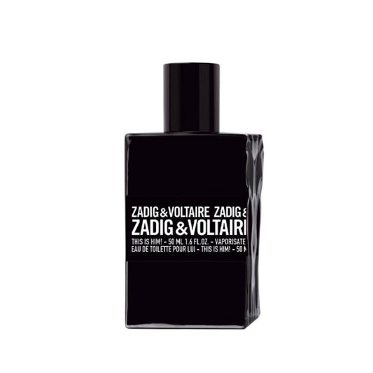 This is Him! 50 ml Eau de Toilette bottle by Zadig & Voltaire – matte black design with sleek edges symbolising masculine strength and style.